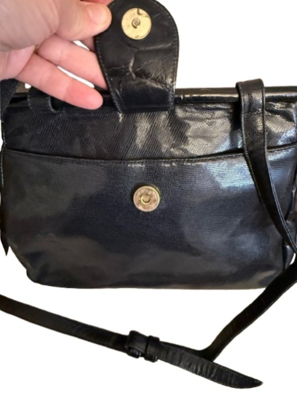 Vintage Sharif Black Leather Patchwork Reptile Shoulder Bag Made USA - Picture 3 of 7